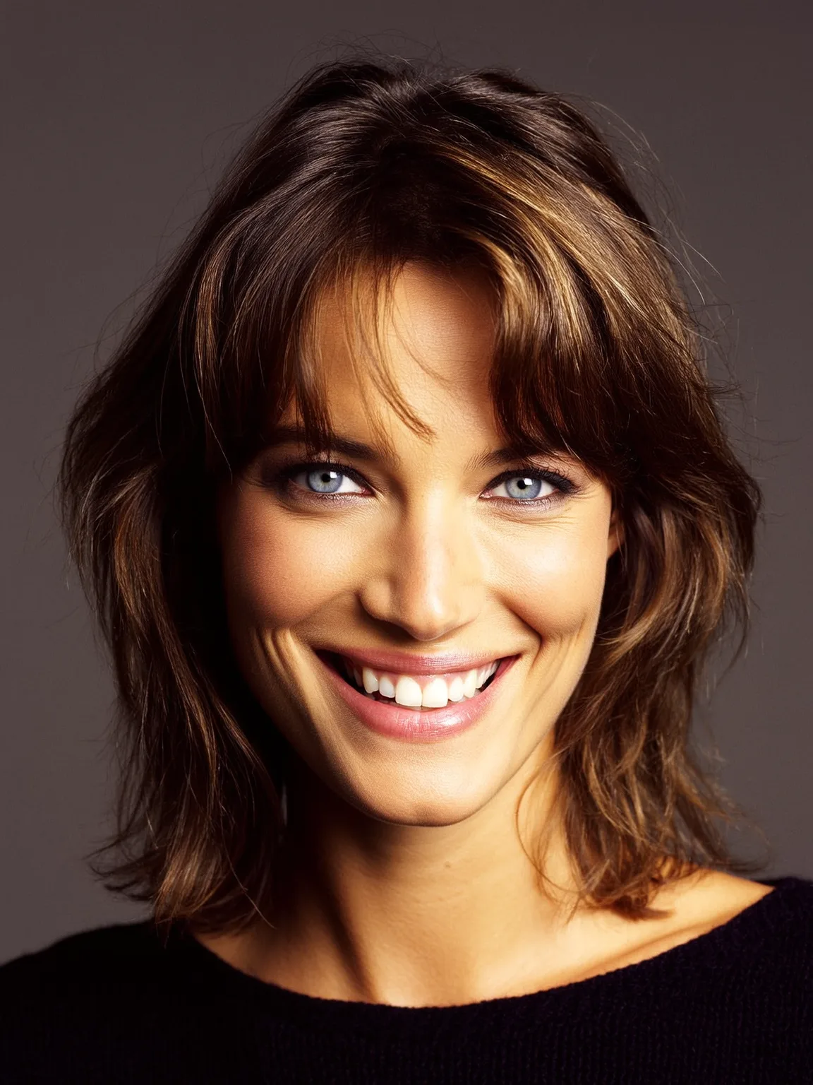 Versatile Shoulder-Length Layered Shag with Wispy Bangs
